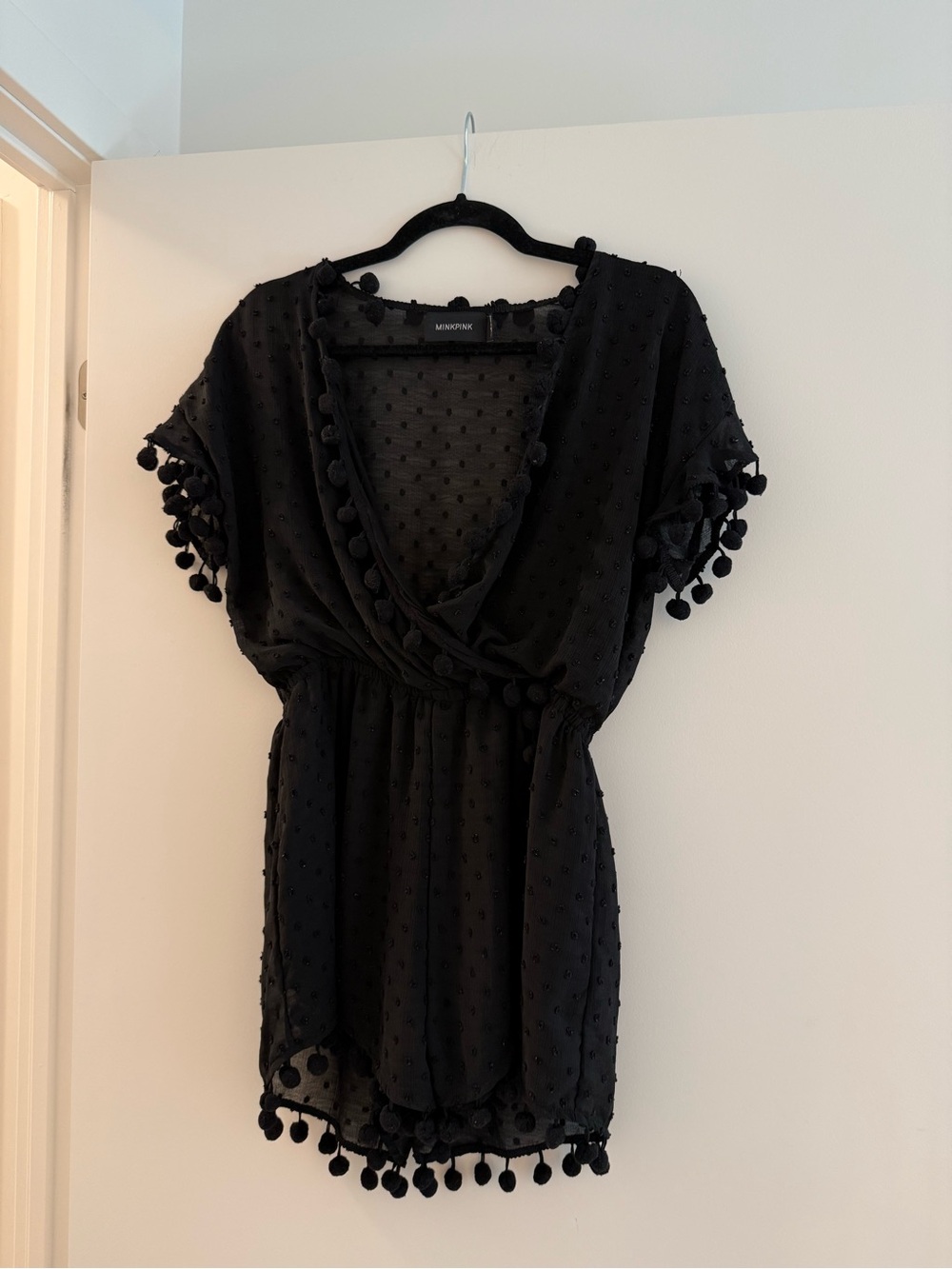 MINKPINK Black Sheer Pom-Pom Trim Mini Onsie